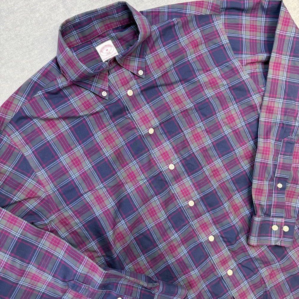 Brooks‎ Brothers Shirt Mens Medium Navy Purple Plaid 346 Button Down Non Iron